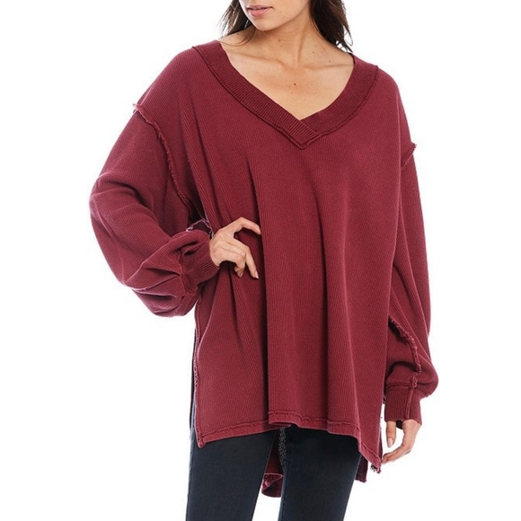 Free People Asher Thermal Oversized Shirt Stolen Kiss Maroon Red Small NWT NEW - Picture 4 of 12